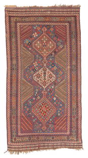 Khamseh Main Rug, Persia, Ca. 1875, 5'1'' x 9'6'': Khamseh Main Rug, Persia, Ca. 1875, 5'1'' x 9'6'' (155 x 290 cm). Weight: 14 lbs. Material: wool pile, wool warp, wool weft. Provenance: Ex. Eric Jacobson Collection. Portland, Oregon.