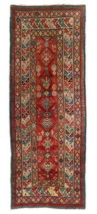 Gendje Rug, Caucasus, 19th C: Gendje Rug, Caucasus, 19th C., 4'0'' x 10'5'' (122 x 318 cm). Material: wool pile, wool warp, wool weft. Ex. Richard R. Markarian Collection, Cincinnati, OH. Provenance: The Collection of Russell