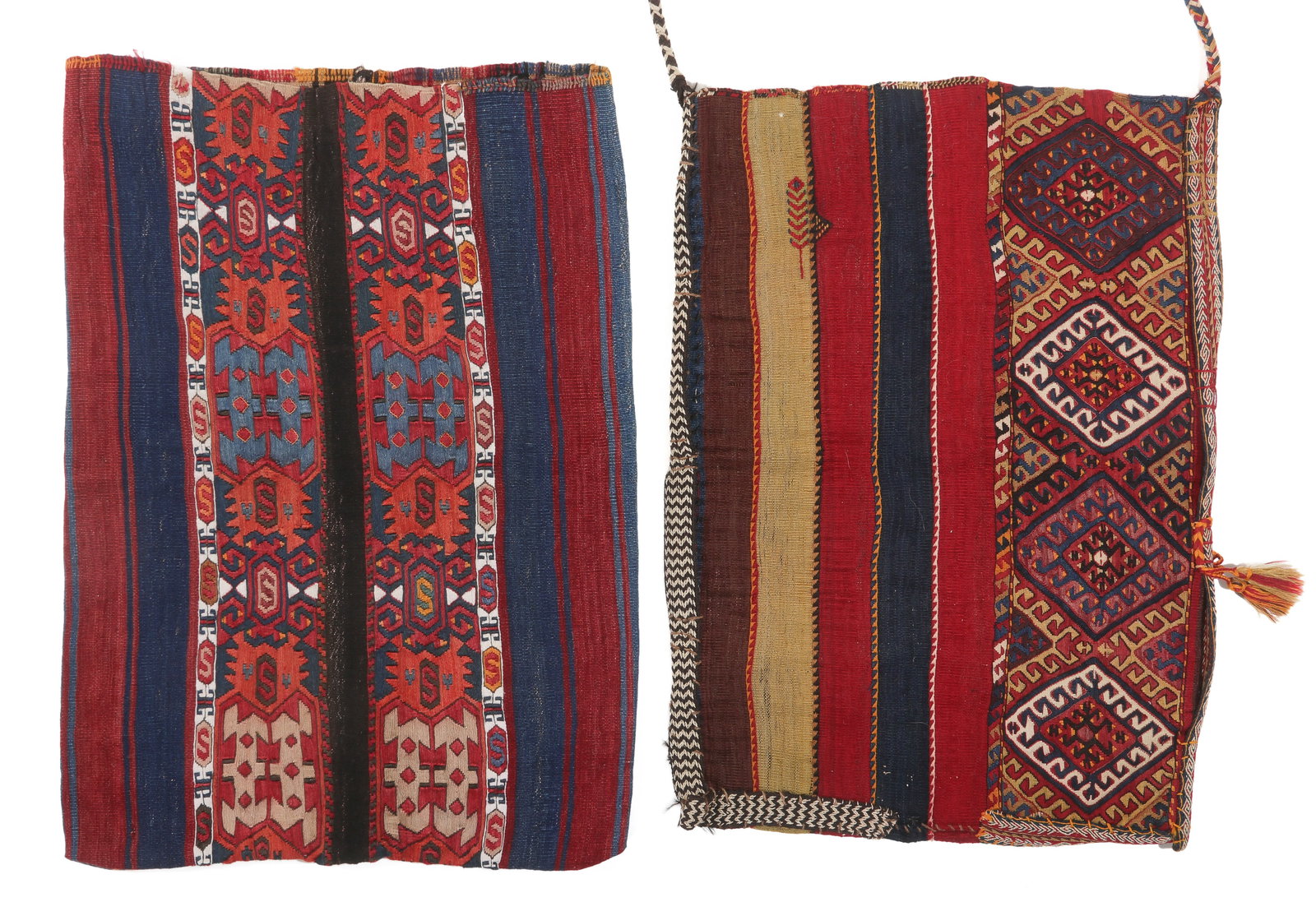 2 South and East Anatolian Kurd Sumak/Kilim Juvals, Late 19th C.: 2 South and East Anatolian Kurd Sumak/Kilim Juvals, Late 19th C., 2'6'' x 3'5'' (76 x 104 cm). Weight: 12 lbs. Material: wool surface, wool warp. Provenance: Ex. Eric Jacobson Collection. Portland, Or