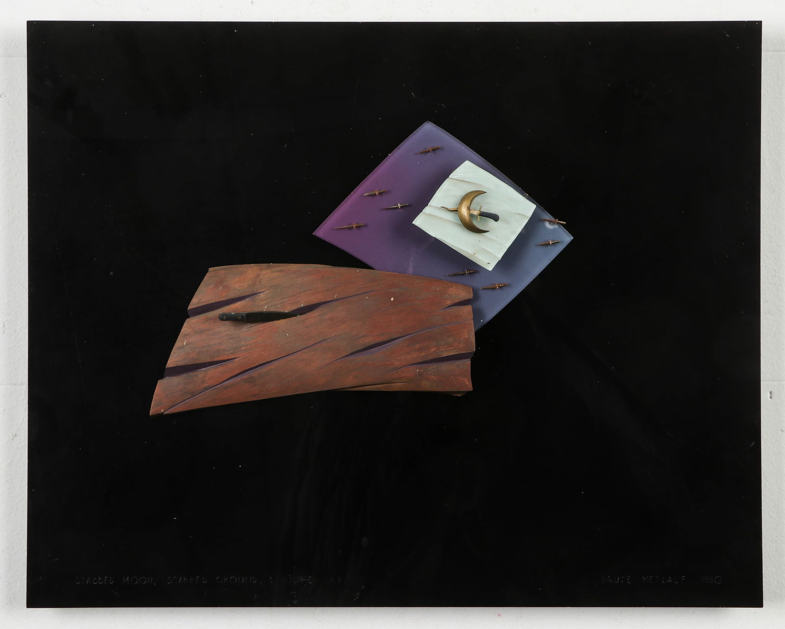 Bruce Metcalf (American, b. 1949) "Stabbed Moon, Scarred Ground, Knife Sky," 1980: Bruce Metcalf (American, b. 1949) "Stabbed Moon, Scarred Ground, Knife Sky," 1980, mixed media on mylar, titled, signed, and dated. Size: 14'' x 17.5'' (36 x 44 cm). Provenance: The Robert L. Pfannebe