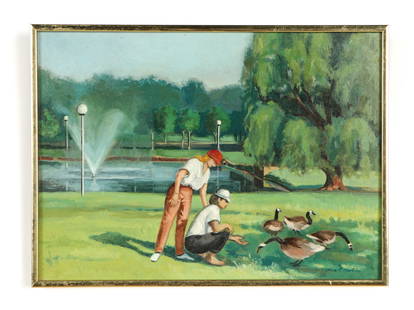 Nina Martino (American, b.1952) "Sisters: The Campus," oil painting on board: Nina Martino (American, b.1952) "Sisters: The Campus," oil painting on board, signed; verso titled.Framed. Size: 11.5'' x 16'', 29 x 41 cm (board); 12'' x 16.5'', 30 x 42 cm (frame).