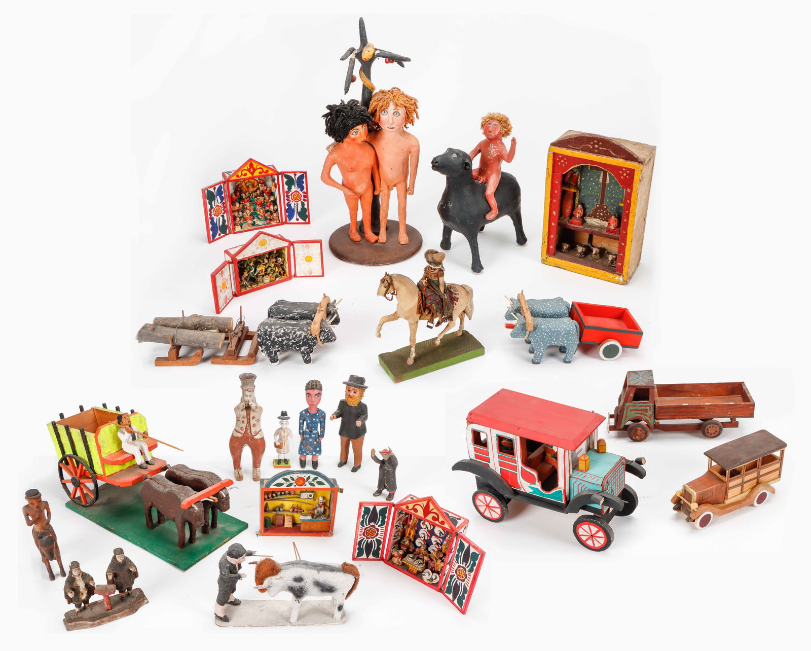 Collector's Lot of Mexican Folk Art: Collector's Lot of Mexican Folk Art. Size range from: 6.25'' x 2.5'' x 1.5'' (16 x 6 x 4 cm) to 23'' x 9.5'' x 9.5'' (58 x 24 x 24 cm). Provenance: Estate of Diana and Larry Fane.