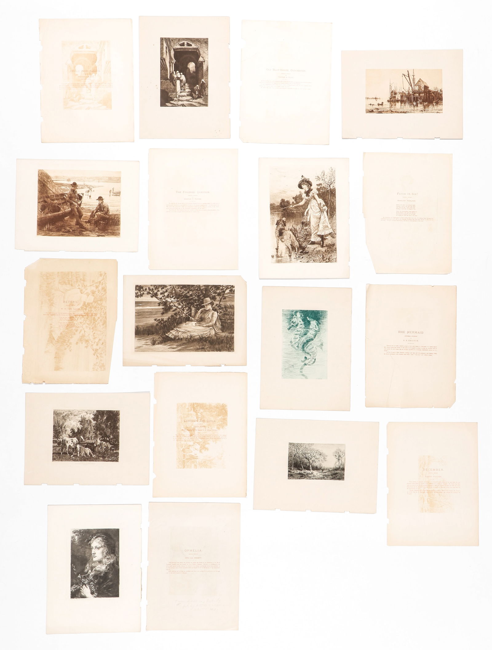 9 Etchings from "American Artists," S. Walker & Co., 1889: Nine etchings from "American Artists" S. Walker & Co., 1889, pub. in an edition of 500 copies. 1) Charles Adams Platt "Old Boat House, Gloucester" 2) Hamilton Hamilton "Fetch It, Sir" 3) Peter Moran "