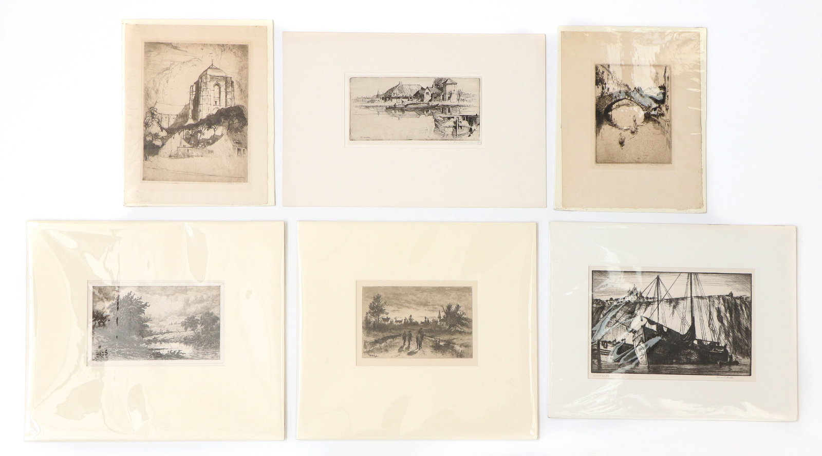 Group of Six (6) Antique Etchings: Group of Six (6) Antique Etchings. Including: (1) Sir David Young Cameron (Scottish, 1865-1945) "A Dutch Farm," etching, signed in pencil, [Rinder, 129]. (2) J. Paul Verrees (Dutch, 1889-1942) "Church