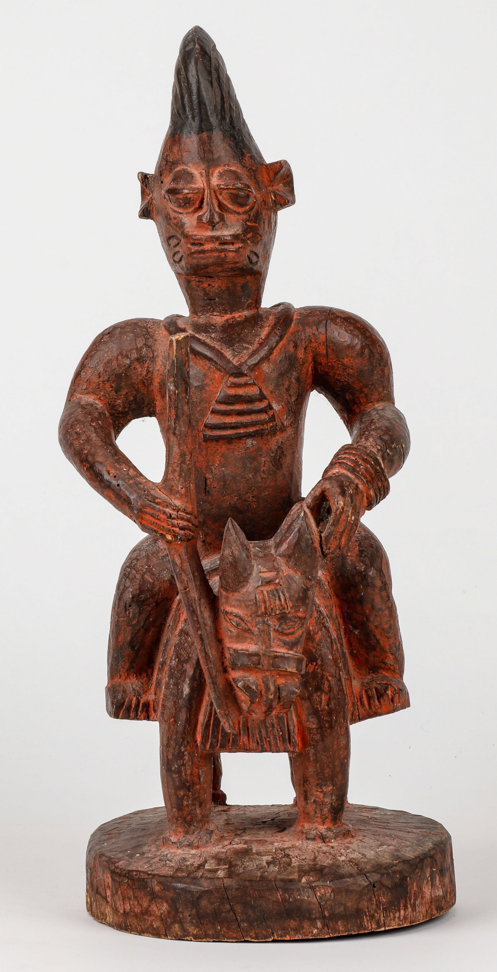African Yoruba Equestrian Shrine Figure: African Yoruba Equestrian Shrine Figure, with traces of sacrifices and its original pigment composed of red camwood (tukula) bark powder. Size: 20'' x 8'' x 8'' (51 x 20 x 20 cm)