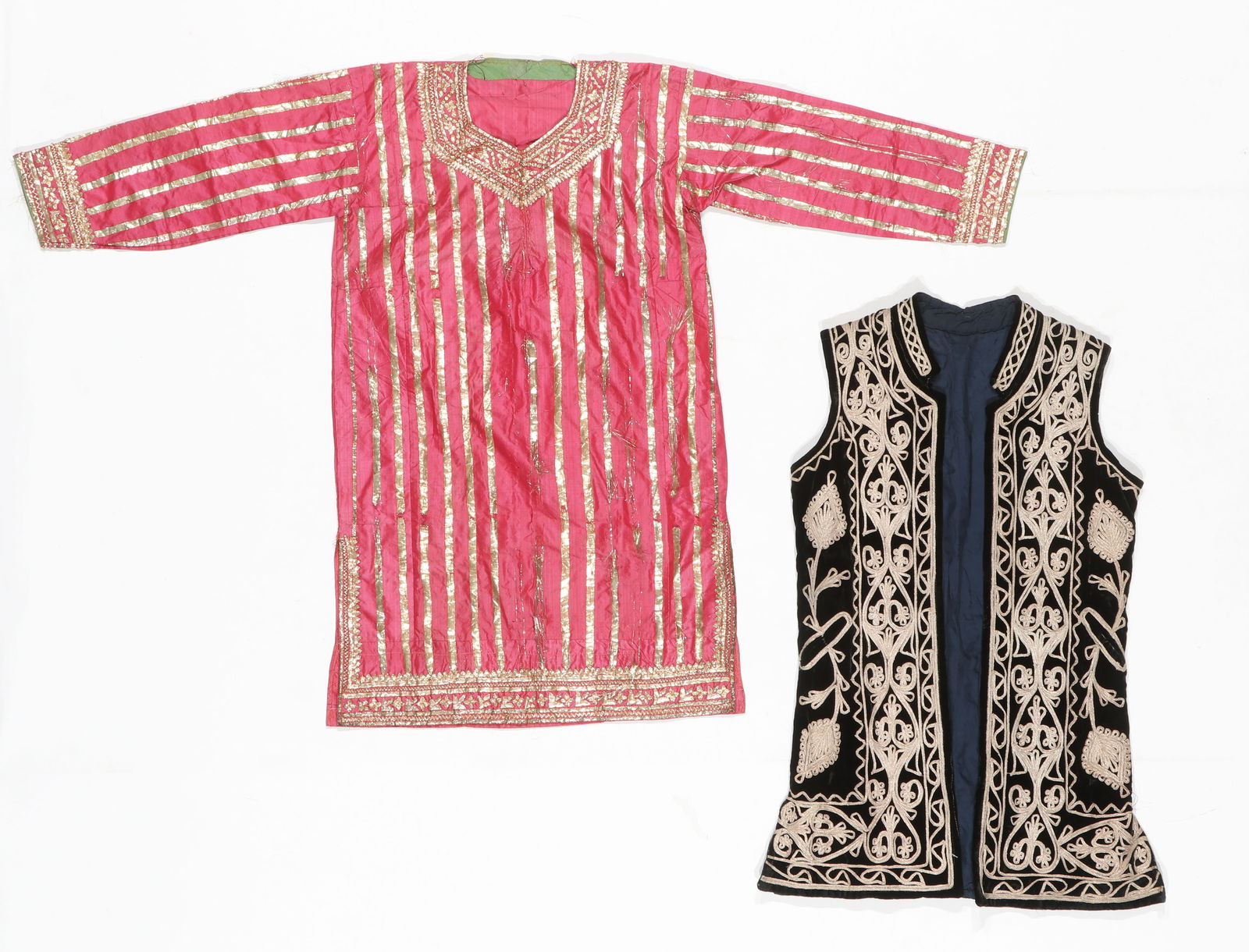 Afghan Silk Robe and Embroidered Velvet Waistcoat Vest, Early 20th C. (1 of 7)