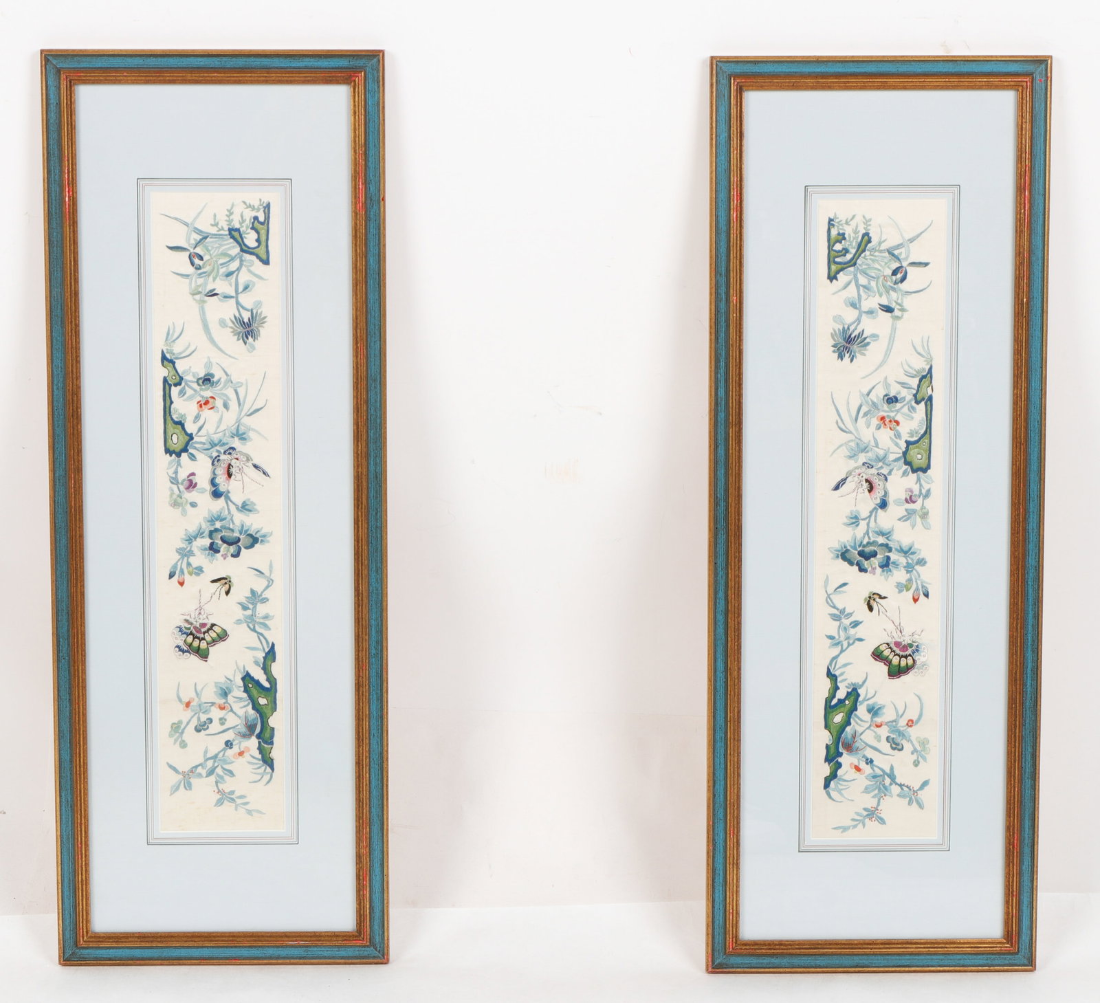 2 Framed Chinese Silk Embroidered Arm Bands: 2 Framed Chinese Silk Embroidered Arm Bands. Size:each 19'' x 4'', 48 x 10 cm (sight); 27.5'' x 10'', 70 x 25 cm (frame)