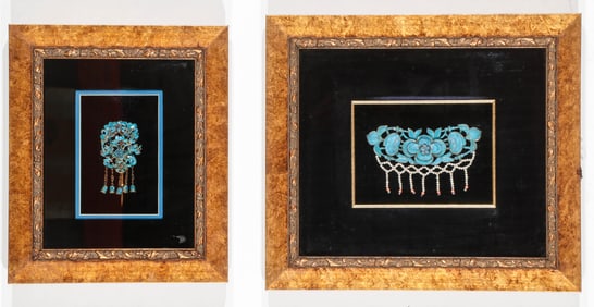 2 Antique Chinese Kingfisher Feather Hair Pins