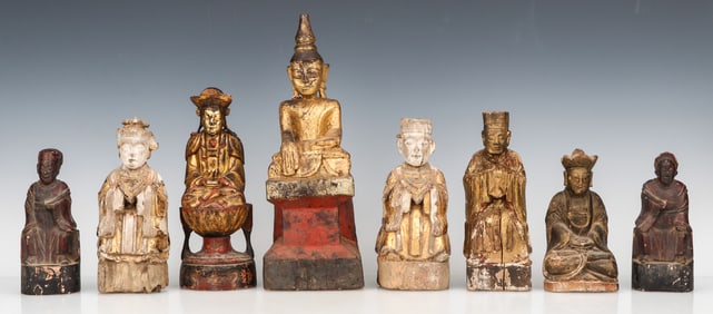 A Group of 8 Antique Gilt Wood and Painted Figures, China