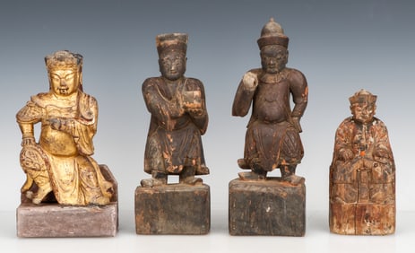 A Group of 4 Antique Gilt Wood and Painted Ancestor Figures