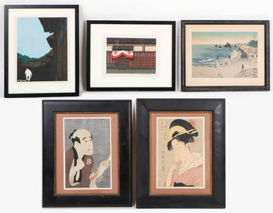 Collector's Lot of 5 Japanese Woodblock Prints: Collector's Lot of 5 Japanese Woodblock Prints. Including: Tokuriki Tomikichiro (Japanese, 1902-2000) "Ise Futami Bay;" Katsuyuki Nishijima (b. 1945); Kitagawa Utamaro (b.1806) "Glass Goblet" from the