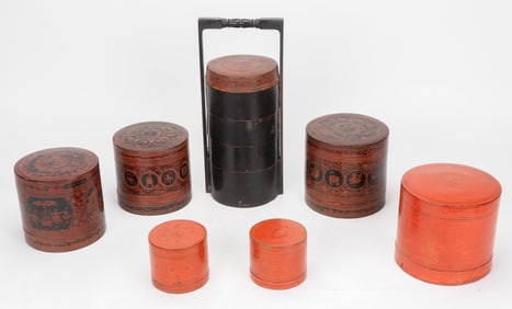 A Group of Seven Burmese Lacquered Betel Boxes and Lunch Box, Late 19th/Early 20th C.