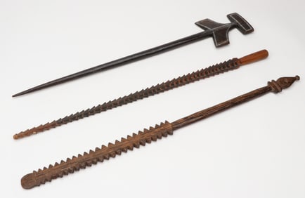 2 Melanesian Clubs and 1 Spear Point Fragment, Early 20th C.