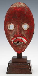 African Dan Red Cloth Mask, Ivory Coast, Early-Mid 20th C.: African Dan Red Cloth Mask, Ivory Coast, Early-Mid 20th C. Wood, cloth, pigment. Stand included. Size: 9'' x 5.5'' x 3'' (23 x 14 x 8 cm); height on stand: 12.5" (32 cm). Provenance: Private collectio