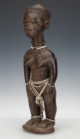 African Baule Standing Female Figure, Ivory Coast, Mid 20th C.