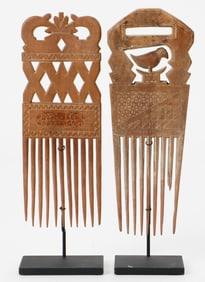 2 African Ashanti Combs on Stands, Ghana, Mid 20th C.