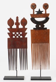 2 African Ashanti Combs on Stands, Ghana, Mid 20th C.
