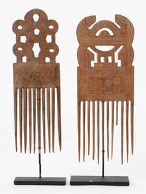 2 African Older Ashanti Combs on Stands, Ghana, Mid 20th C.