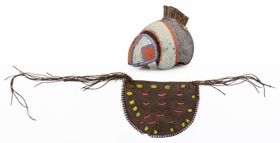 African Karamajong Headdress and Hide Apron, Kenya/Uganda, Mid 20th C.