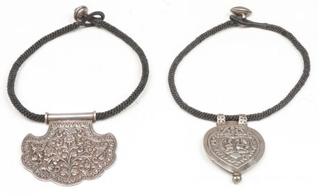 2 East Indian Silver Pendant Necklace, Early 20th C.