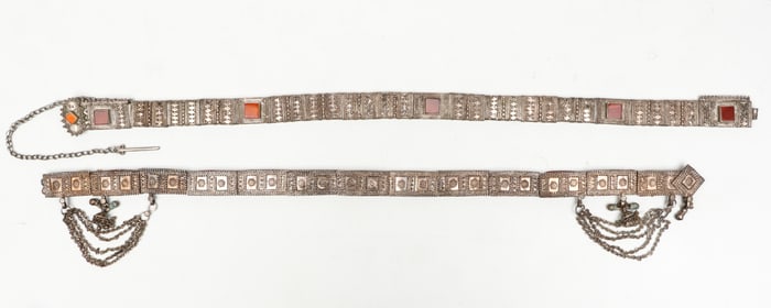 2 Antique Yemeni Bedouin Silver Alloy Belts, 19th C.