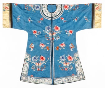 Chinese Blue Silk Brocade Robe, Qing Dynasty