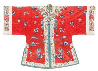 Chinese Red Silk Embroidered Robe, Qing Dynasty