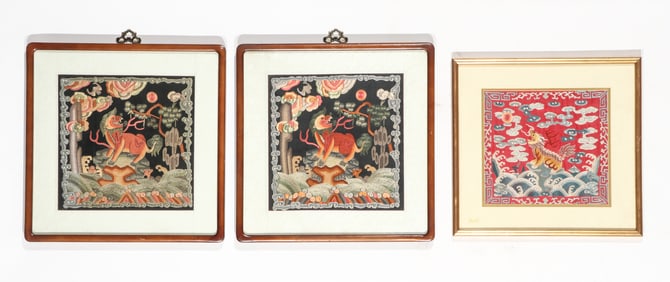 3 Chinese Silk Embroidered Rank Badges, 19th C.