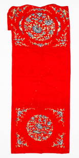 Red Chinese Silk Embroidery on Wool, 19th C.: Red Chinese Silk Embroidery on Wool, 19th c. Size: 50'' x 21'' (127 x 53 cm).