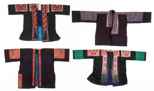 4 Miao Silk Embroidered Indigo Dyed Jackets: 4 Miao Silk Embroidered Indigo Dyed Jackets. Open front medium length jackets with applied embroidered panels at collar, shoulders, upper sleeves, and back. Cotton tabby cloth, silk thread. Provenance