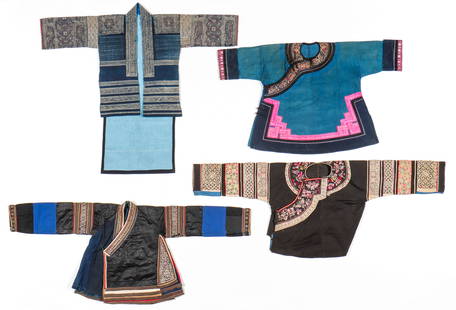 4 Miao And Yi Jacket Textiles, 20th C.: 4 Miao And Yi Jacket Textiles, 20th C. Including 3Miao Silk Embroidered Jacket Textiles, 20th C. Tunic with batik details and embroidery. Cotton cloth, silk; embroidery, batik. Size: 1) 38'' x 44'' (9