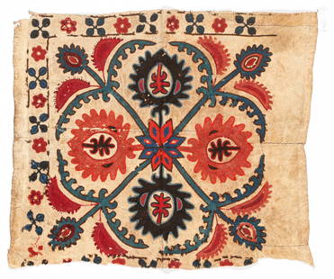 Kungrat Wool on Leather Embroidery, Uzbekistan, Late 19th C.: Kungrat Wool on Leather Embroidery, Uzbekistan, Late 19th C. Wool chain stitch embroidery on hide characterizes this piece. A royal blue and red eight-point star takes center stage, radiating four lar