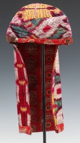 Antique Uzbek Silk Velvet Ikat Hat, 19th C.
