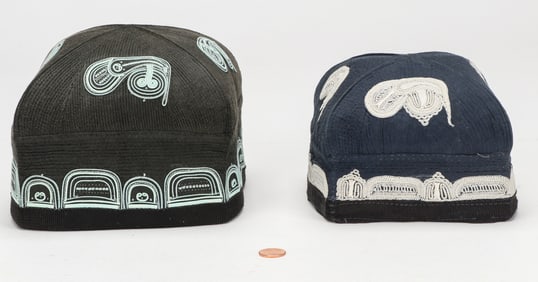 Two Fergana Embroidered Hats, Margilan, Uzbekistan. Early/Mid 20th C.