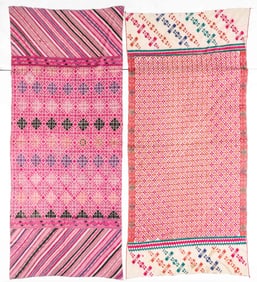 2 Antique Phulkari Silk Embroidered Textiles: Swat Shawl and Hazara Shawl, India/Pakistan