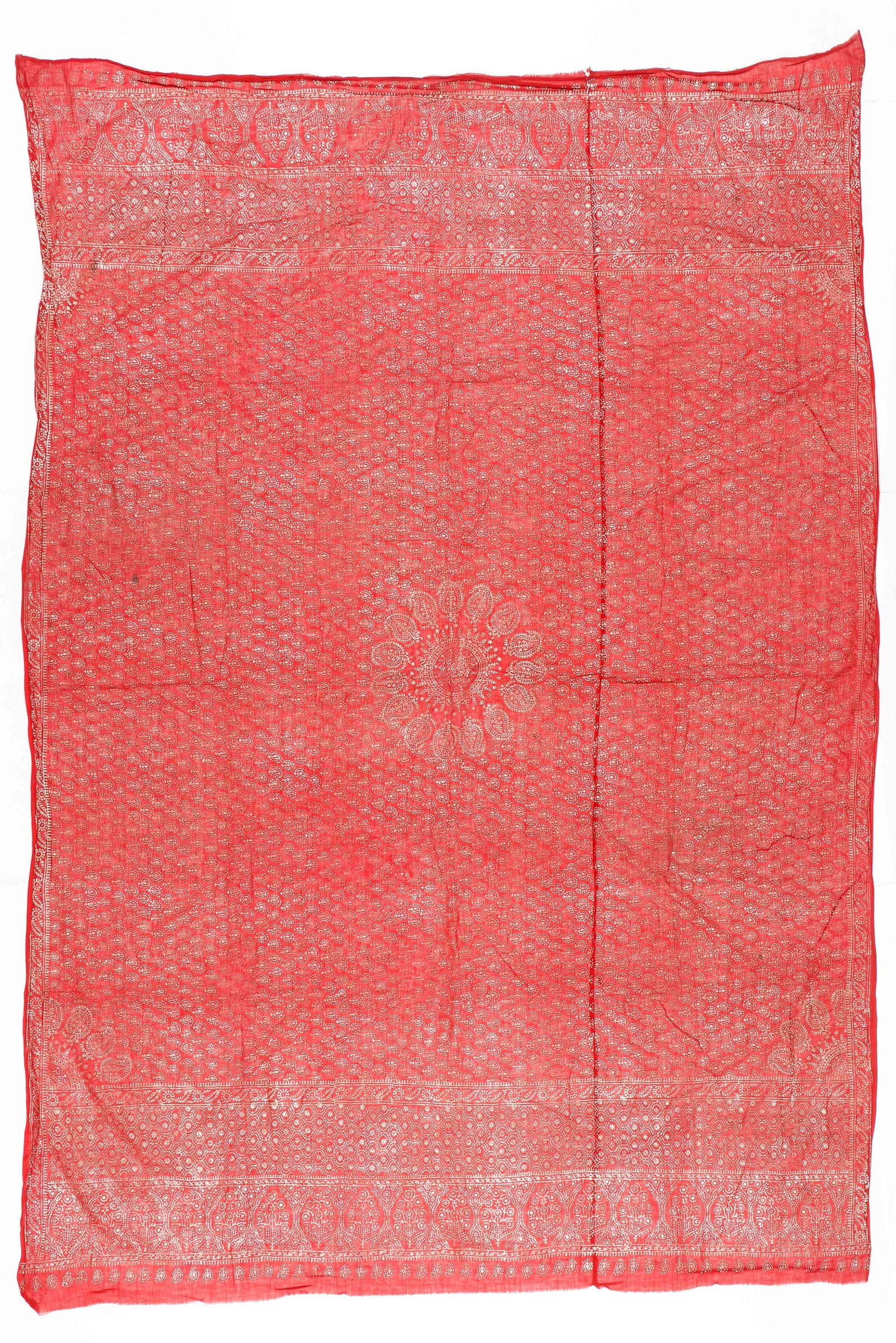 Indian Red Cotton Dupatta with Printed Silver Pigment, C. 1920 (1 of 5)