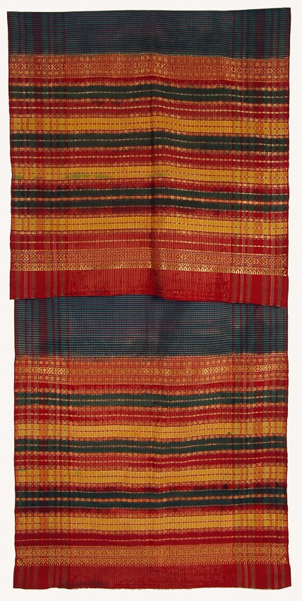 Indonesian Ceremonial Shoulder Cloth (Selendang), Minangkabau, Sumatra, Early 20th C.: Indonesian Ceremonial Shoulder Cloth (Selendang), Minangkabau, Sumatra, Early 20th C. Crafted from silk and adorned with supplementary weave using metallic thread, this rectangular silk shawl features