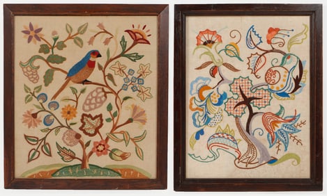2 Antique American Crewel Stitch Embroideries