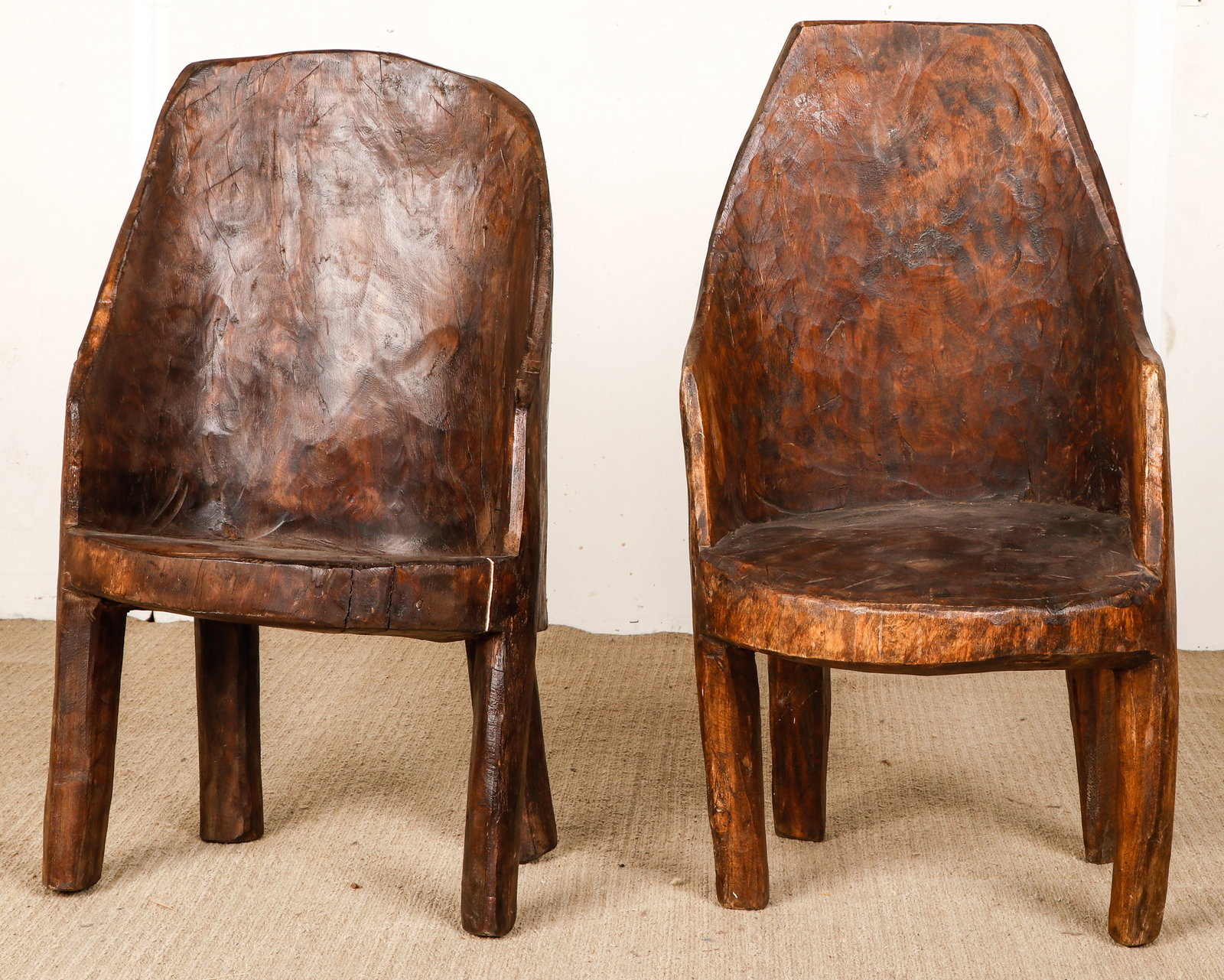 2 Naga Carved Tree Trunk Chairs, Indo-Burmese Border. (1 of 6)