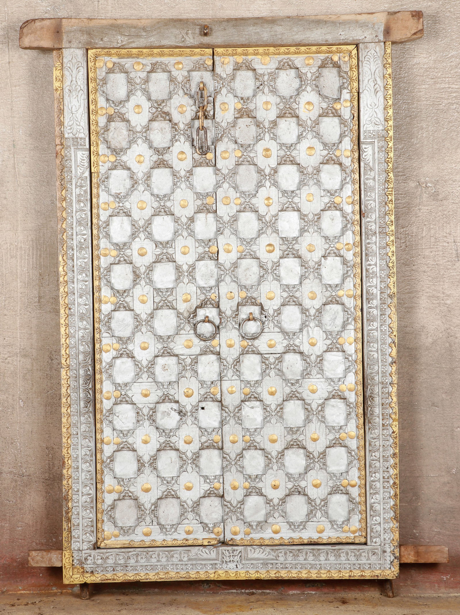 Antique Indian Carved Teak Silver and Gold Paint Decorated Door, H: 5'1" (1 of 3)