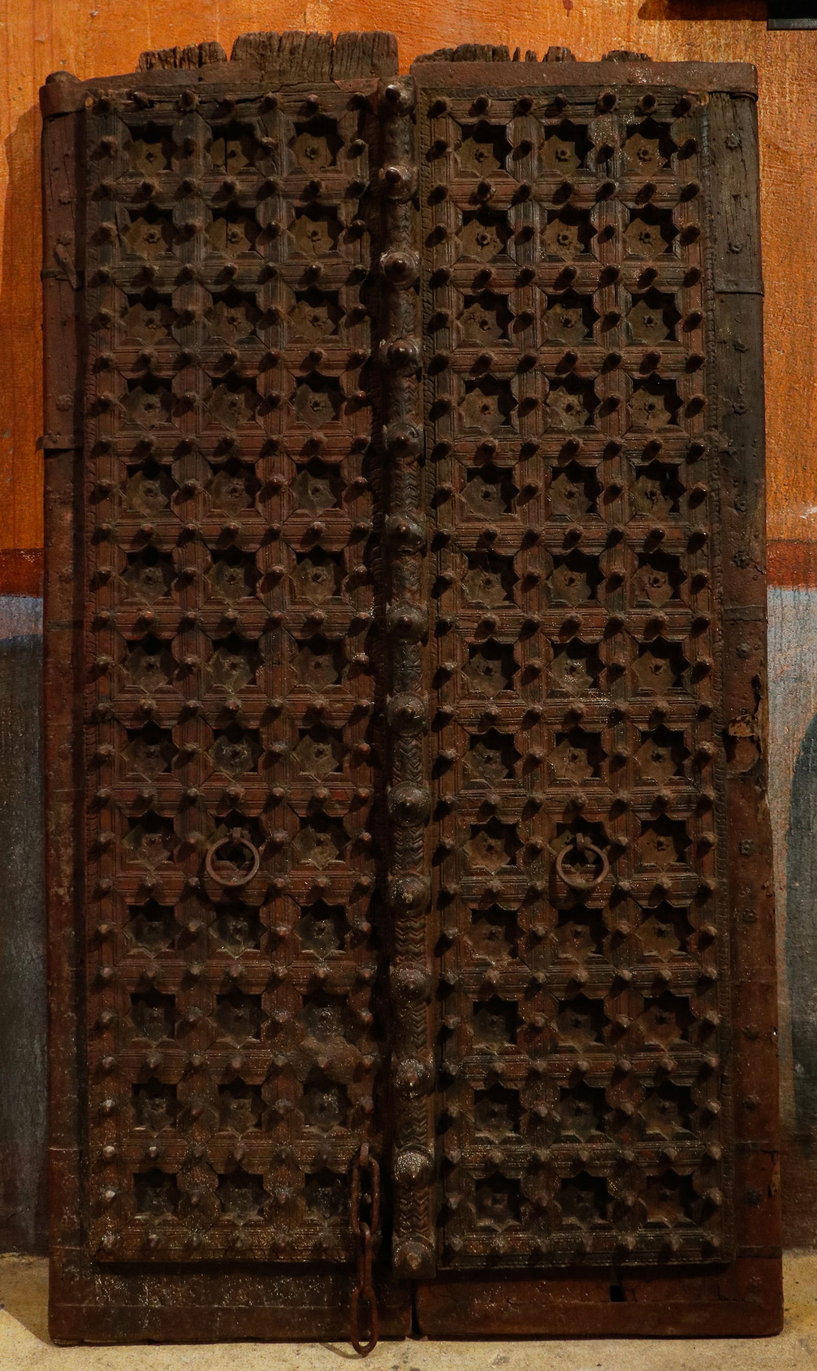 Antique Indian Hand Carved Wood Studded Double Door, 19th C. H: 6'10" (1 of 3)