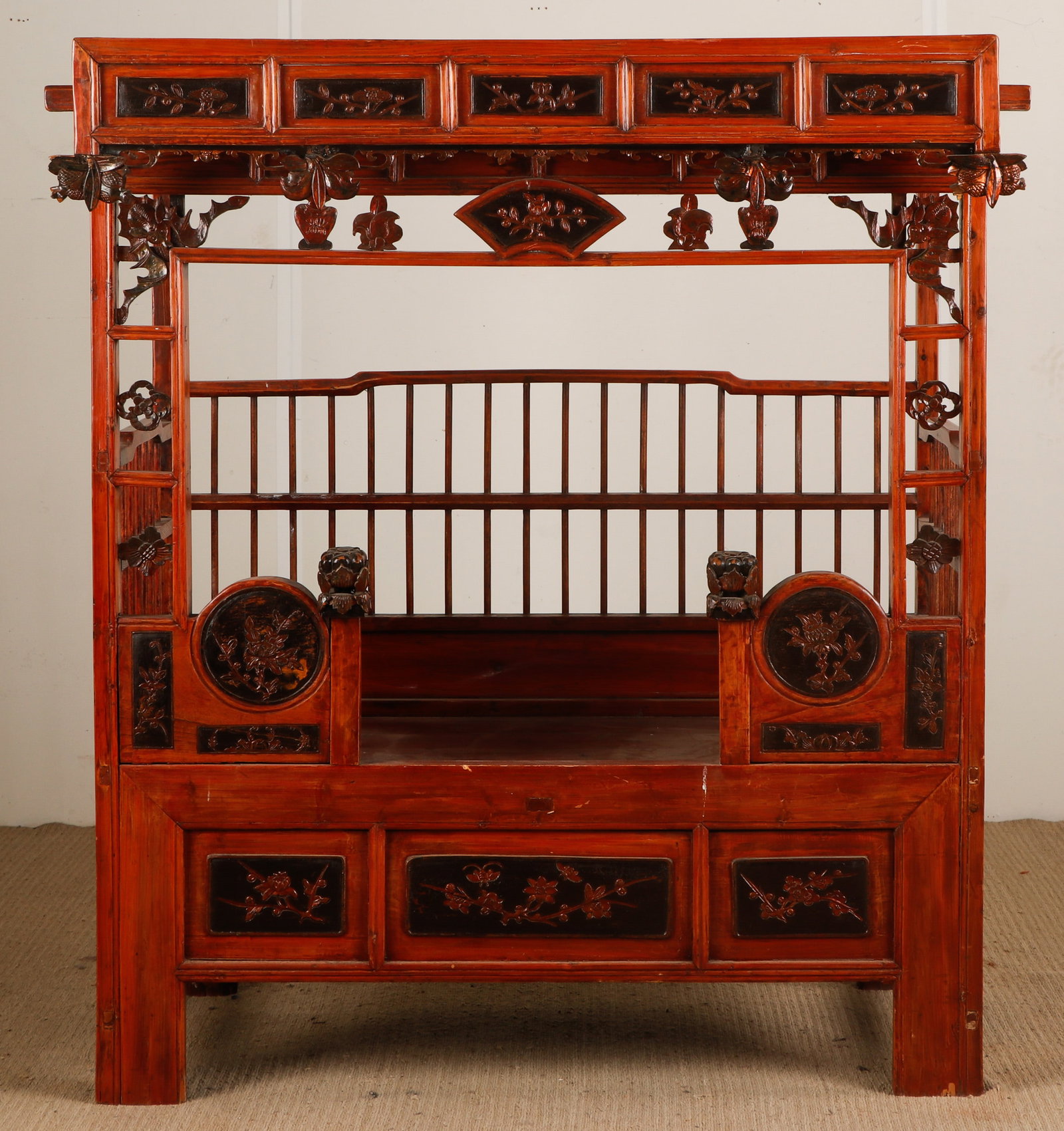 Antique Diminutive Red Lacquer Chinese Bed, H: 4'6" (1 of 7)