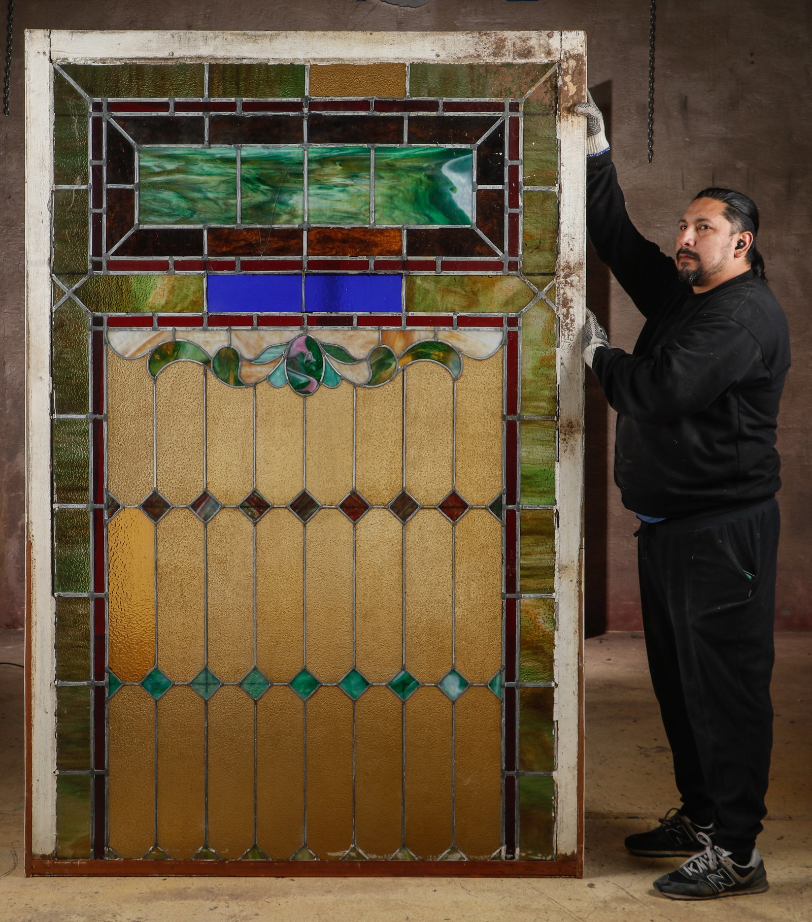 Large Antique American Arts and Crafts Leaded Stained Glass Window Panel (1 of 2)