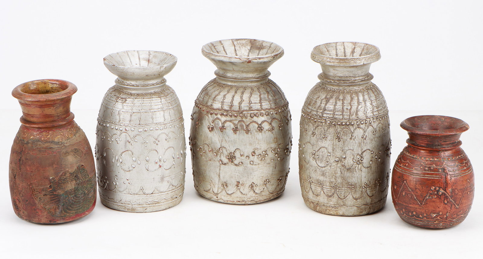 Collector's Lot of 5 Vintage Nepali Painted Teak Wood Jars: Collector's Lot of 5 Vintage Nepali Painted Teak Wood Jars. Size: Ranging from 8'' x 6.5'' x 6.5'' (20 x 17 x 17 cm) to 13'' x 7'' x 7'' (33 x 18 x 18 cm).