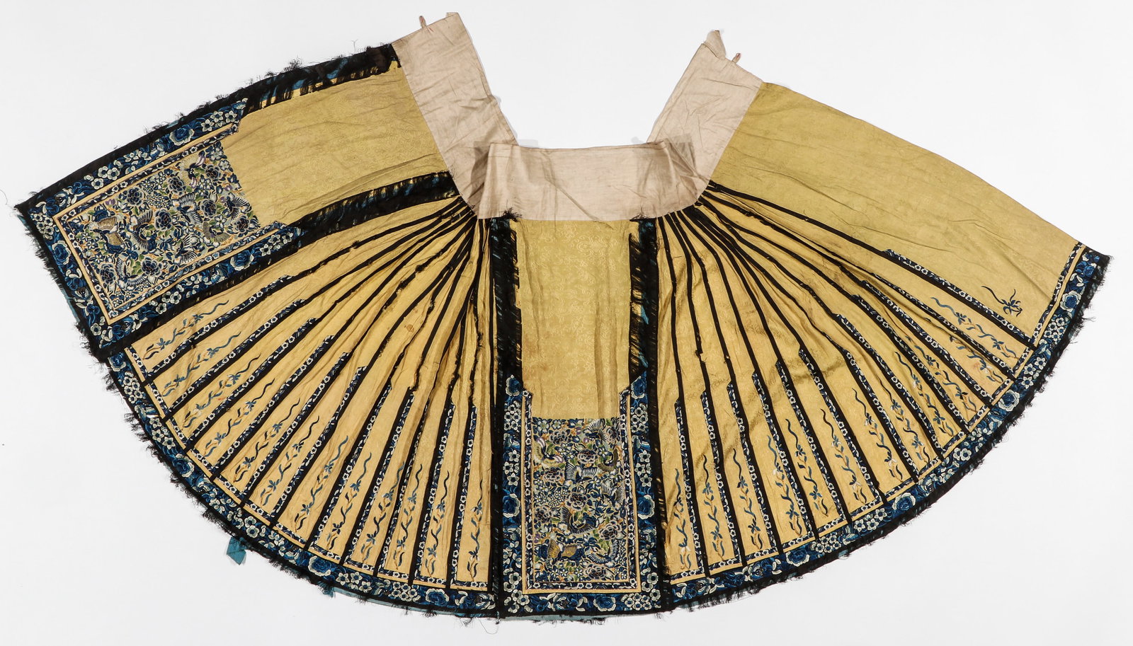 Chinese Skirt or Double Apron, Qing Dynasty: Chinese Skirt or Double Apron, Qing Dynasty. Yellow silk satin adorned with embroidery on both the front and back panel. Size: 35'' x 43'' (89 x 109 x cm). Provenance: Collection of Brooke and Dov Jar