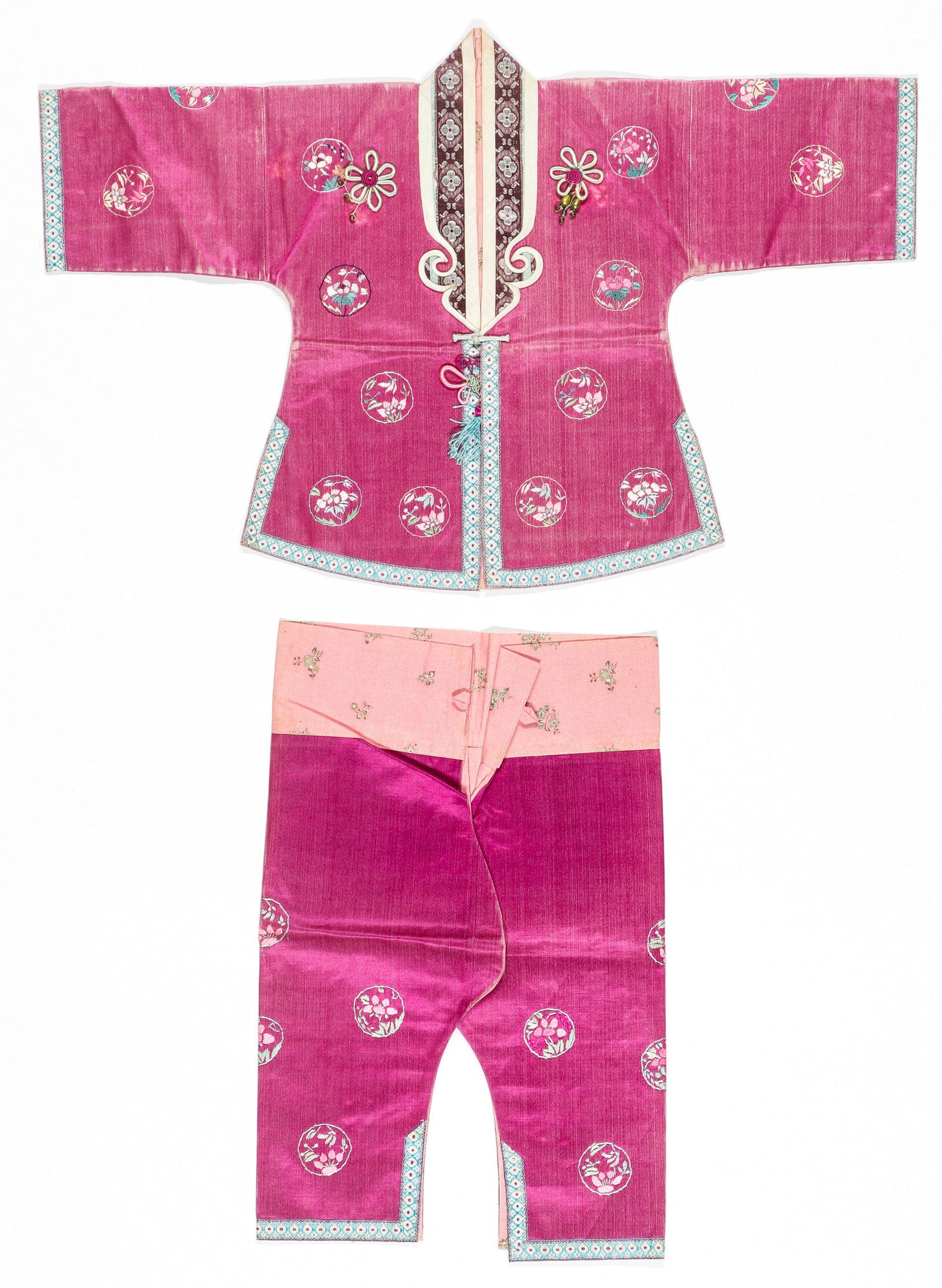 Chinese Silk Child's Costume Set, 19th C: Chinese Silk Child's Costume Set, 19th C Size: 1) 18.5'' x 18'', 47 x 46 cm; 2) 16.5'' x 25'', 42 x 64 cm. Provenance: Ex Yosi Barzilai collection.