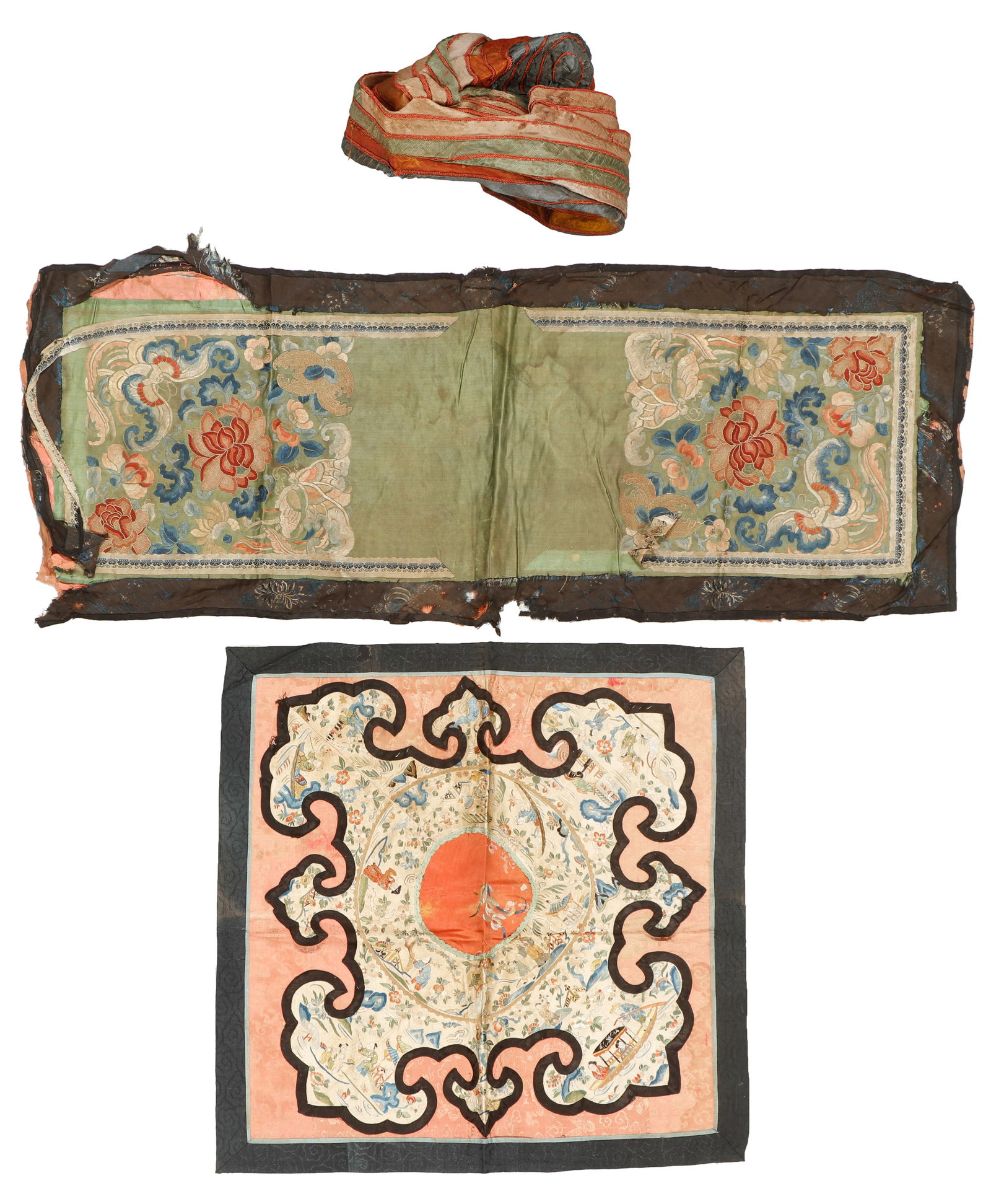 Collector's Lot of Chinese Textiles: Collector's Lot of Chinese Textiles. Including an antique silk cap, Size: 6'' x 11'' x 11'' (15 x 28 x 28 cm) and a Chinese embroidered collar and armband. Size: 1) 20'' x 20'' (51 x 51 cm); 2) 13'' x