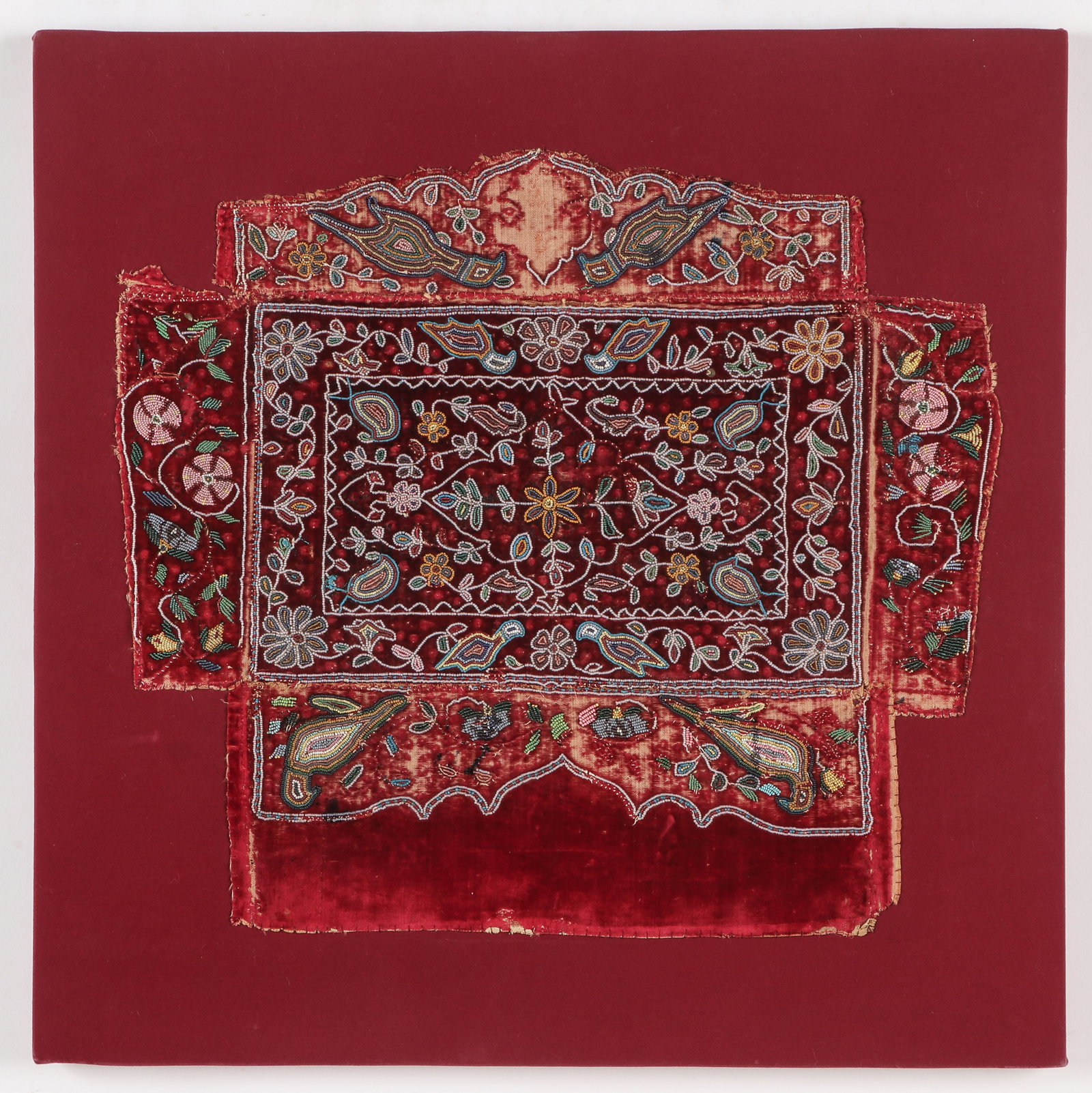 Antique Palenbang Box Cover, Indonesia: Antique Palenbang Box Cover, Indonesia. Velvet with glass beads, mounted onto a stretcher. Size: 15.5'' x 17'', 39 x 43 cm (textile); 20'' x 20'', 51 x 51 cm (stretcher).