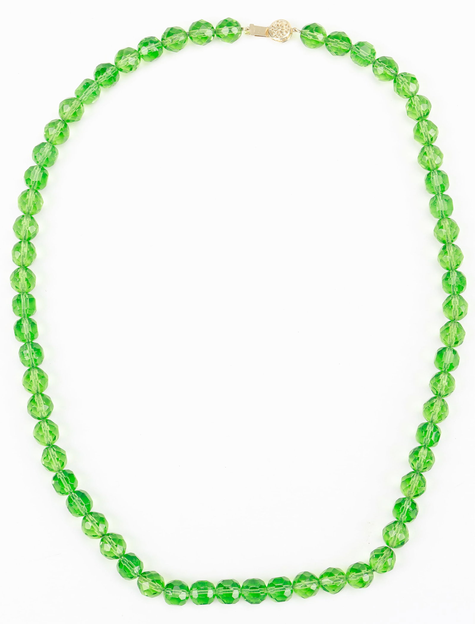 Peridot-Colored Czech Glass Beaded Necklace: Peridot-Colored Czech Glass Beaded Necklace. Clasp marked: 14K. Size: Length: 24"L (61 cm). Total Weight: 73.1 g.Provenance: The Silver Shop of Princeton, NJ (1937-2014) formerly located at 59 Palmer 