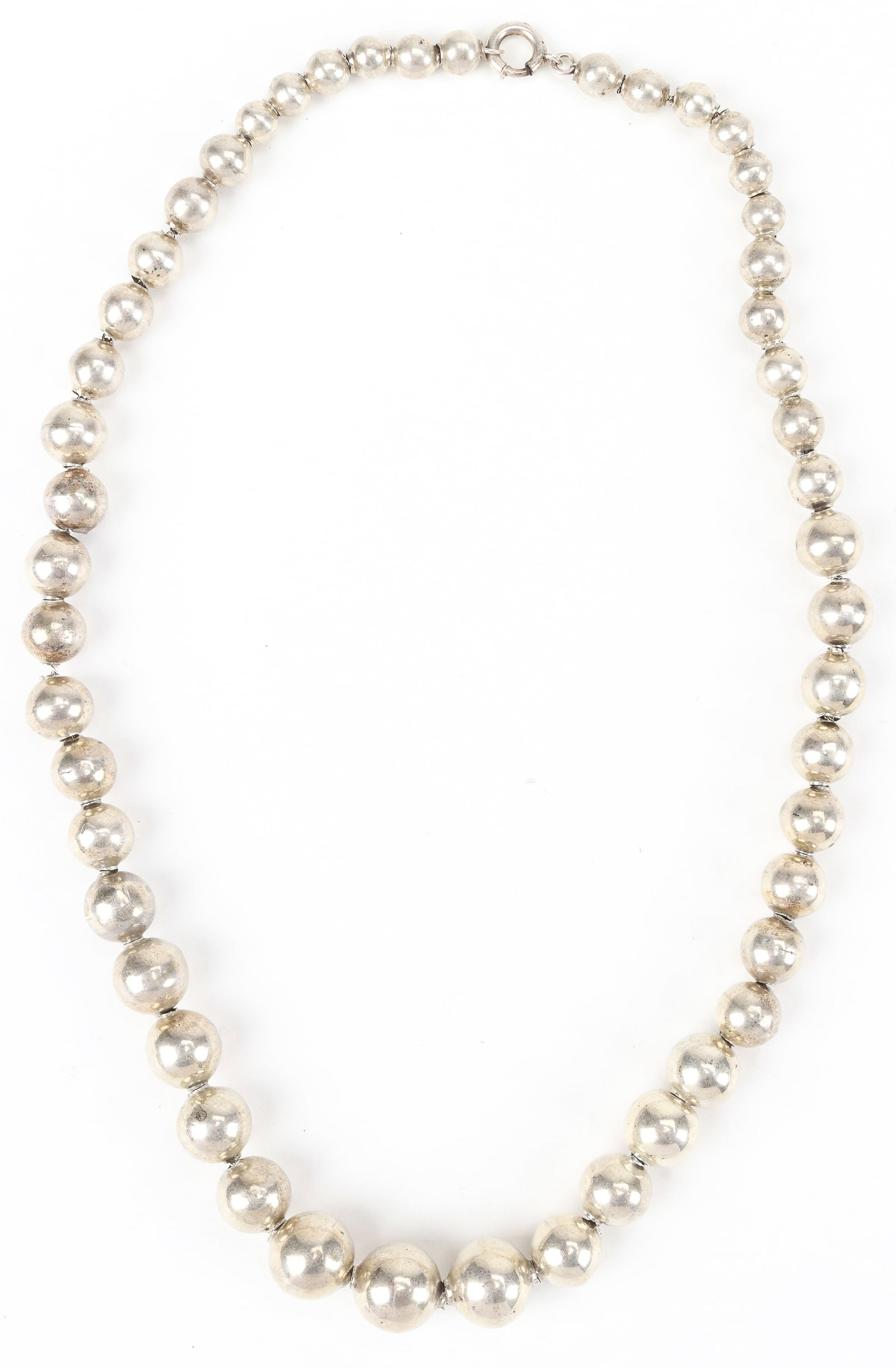 Silver Beaded Necklace: Silver Beaded Necklace. Silver Beads on Vine chain. Unmarked. Size: Length: 18" (46 cm). Total weight: 25.8 g. Provenance: The Silver Shop of Princeton, NJ (1937-2014) formerly located at 59 Palmer Sq
